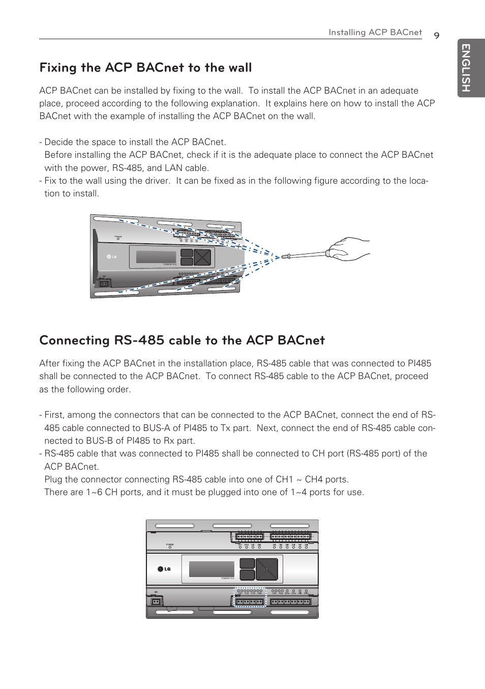 Fixing the acp bacnet to the wall, Connecting rs-485 cable to the acp bacnet, English | LG PQNFB17C0 User Manual | Page 9 / 109