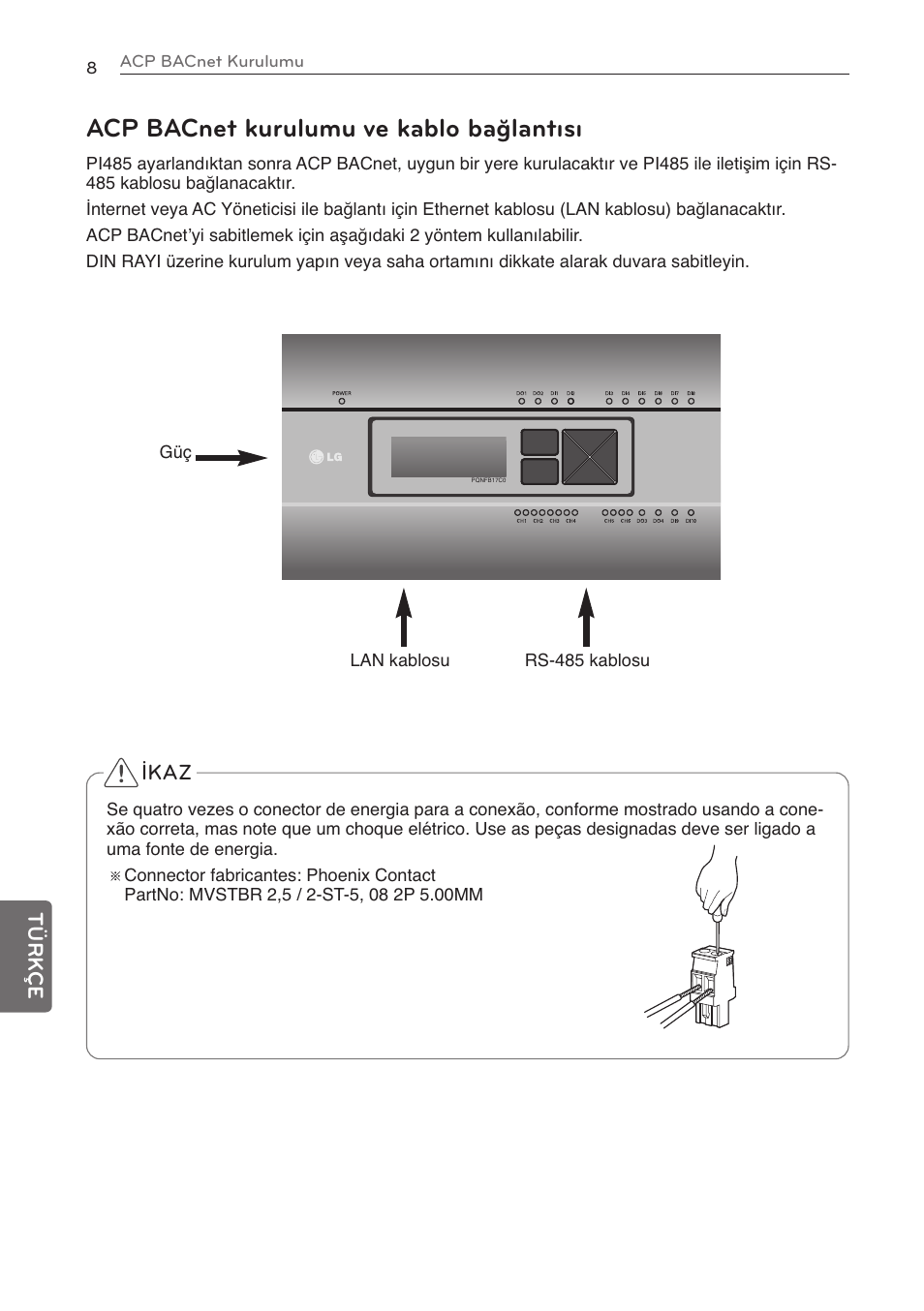 Acp bacnet kurulumu ve kablo bağlantısı | LG PQNFB17C0 User Manual | Page 92 / 109