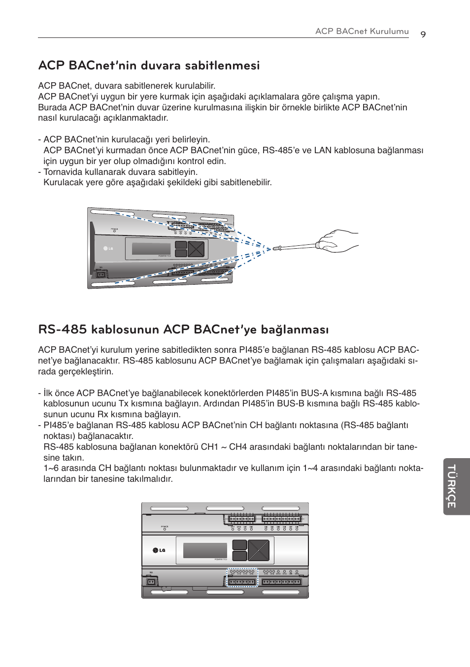 Acp bacnet’nin duvara sabitlenmesi, Rs-485 kablosunun acp bacnet’ye bağlanması, Türk çe | LG PQNFB17C0 User Manual | Page 93 / 109