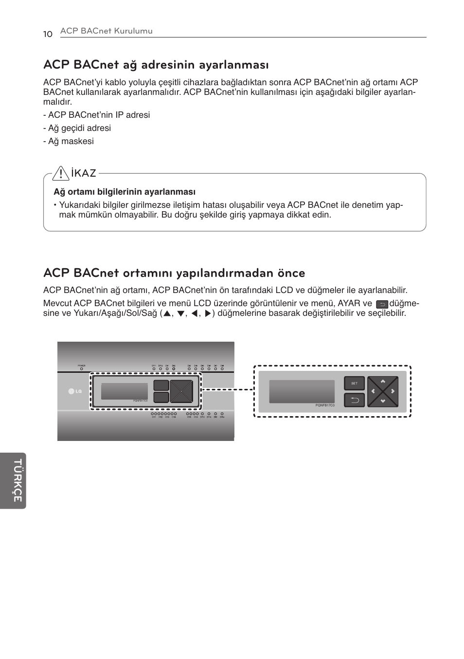 Acp bacnet ağ adresinin ayarlanması, Acp bacnet ortamını yapılandırmadan önce | LG PQNFB17C0 User Manual | Page 94 / 109