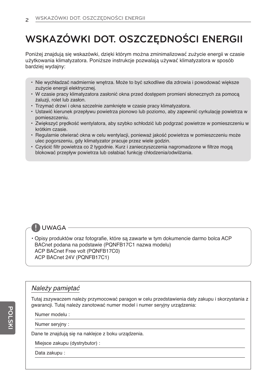 Wskazówki dot. oszczędności energii | LG PQNFB17C0 User Manual | Page 98 / 109