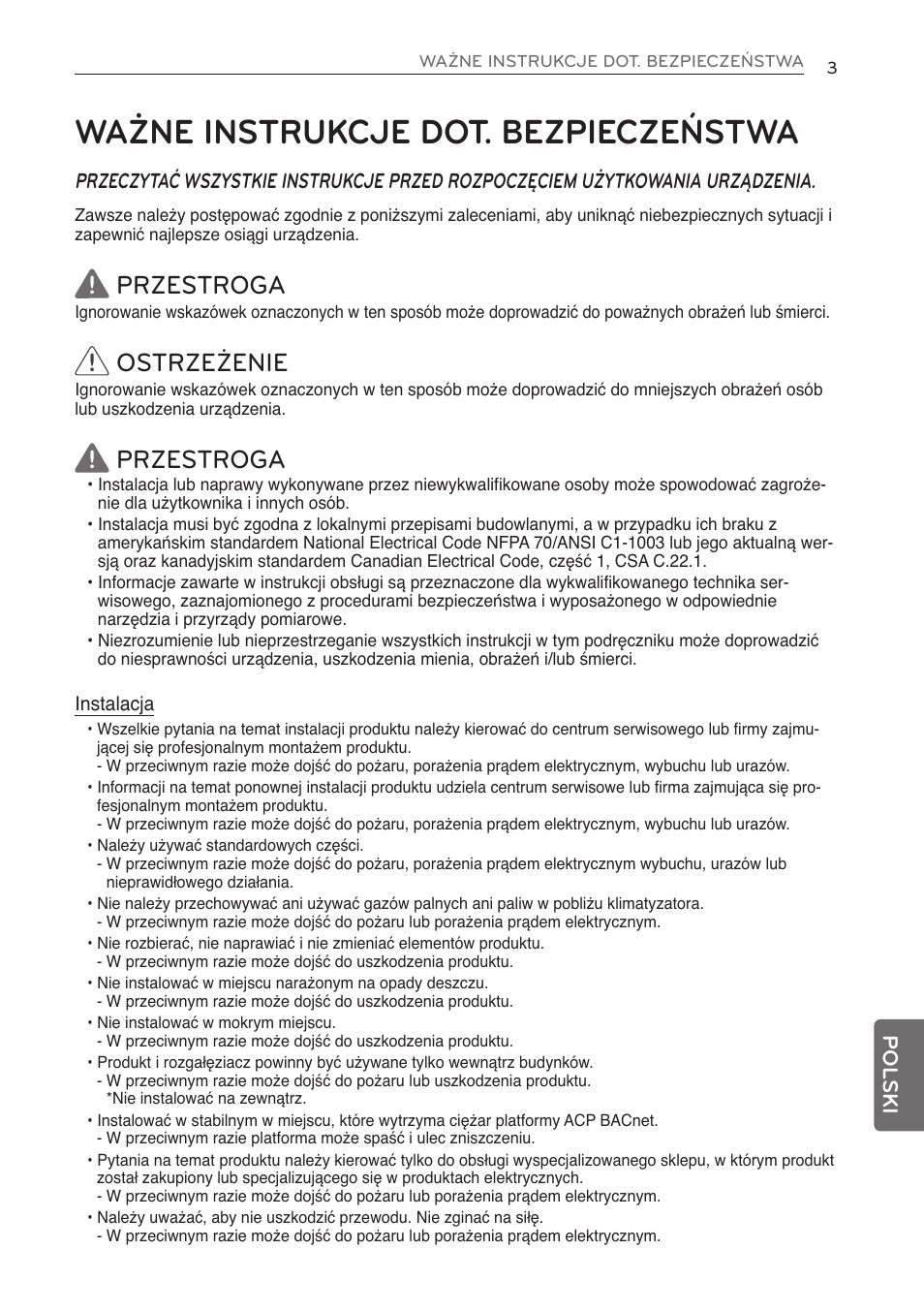Ważne instrukcje dot. bezpieczeństwa, Przestroga, Ostrzeżenie | LG PQNFB17C0 User Manual | Page 99 / 109