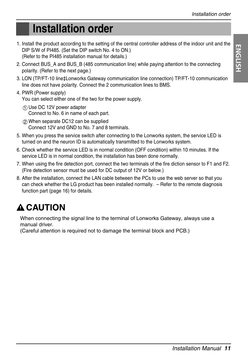 Installation order, English | LG PQNFB16A1 User Manual | Page 11 / 169