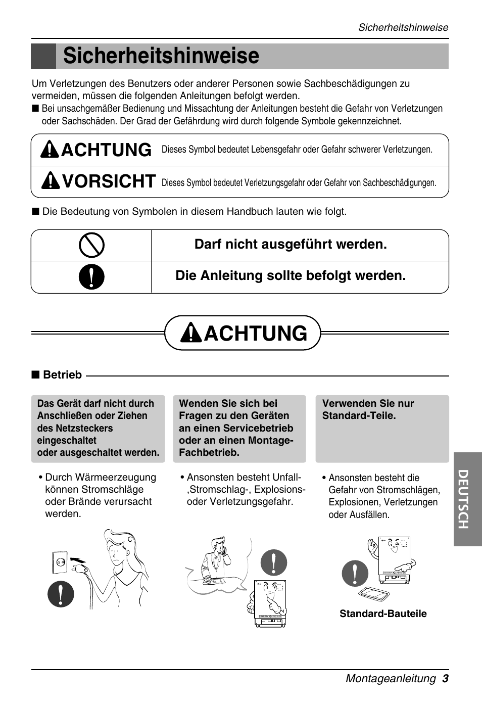 Sicherheitshinweise, Achtung, Achtung vorsicht | Deutsch | LG PQNFB16A1 User Manual | Page 115 / 169