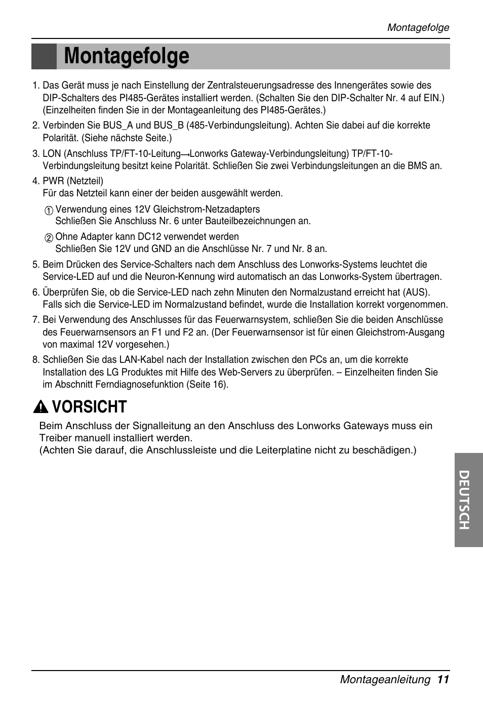 Montagefolge, Vorsicht, Deutsch | LG PQNFB16A1 User Manual | Page 123 / 169