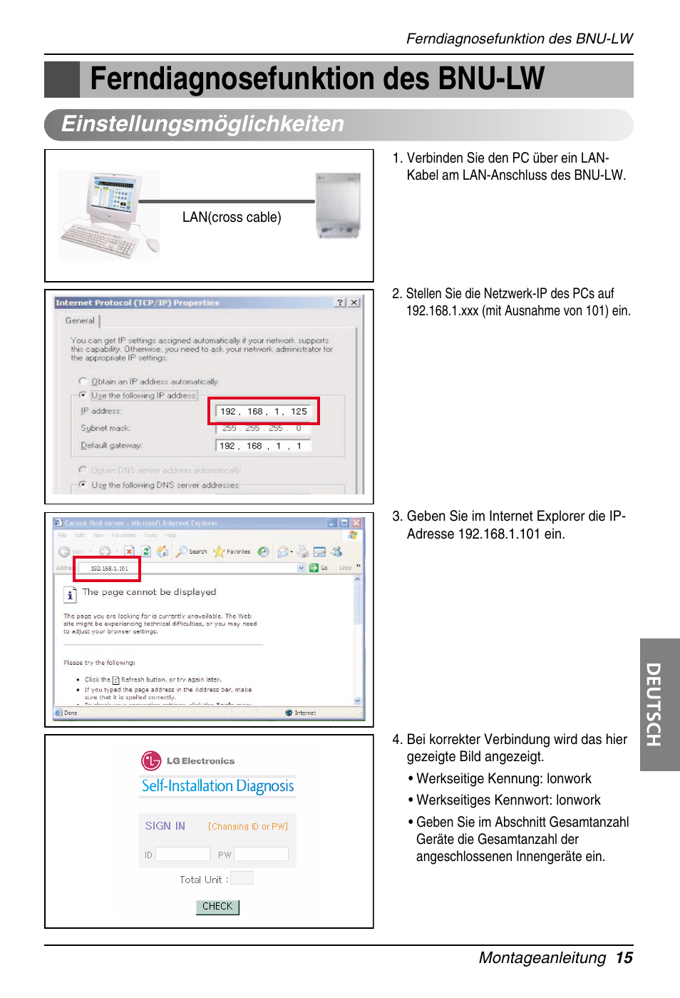 Ferndiagnosefunktion des bnu-lw, Einstellungsmöglichkeiten, Deutsch | LG PQNFB16A1 User Manual | Page 127 / 169