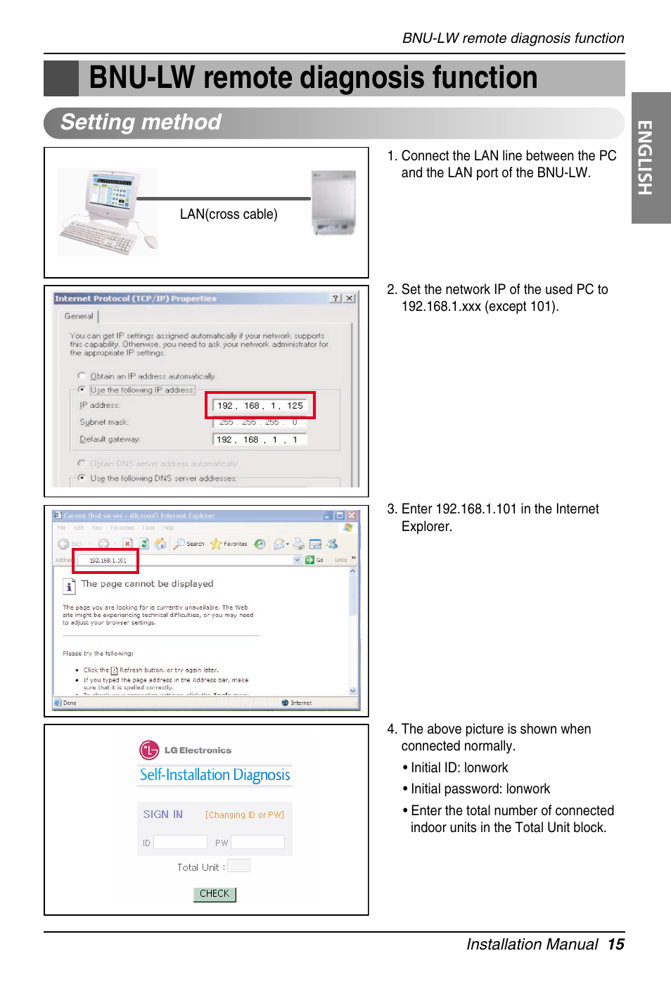 Bnu-lw remote diagnosis function, Setting method, English | LG PQNFB16A1 User Manual | Page 15 / 169