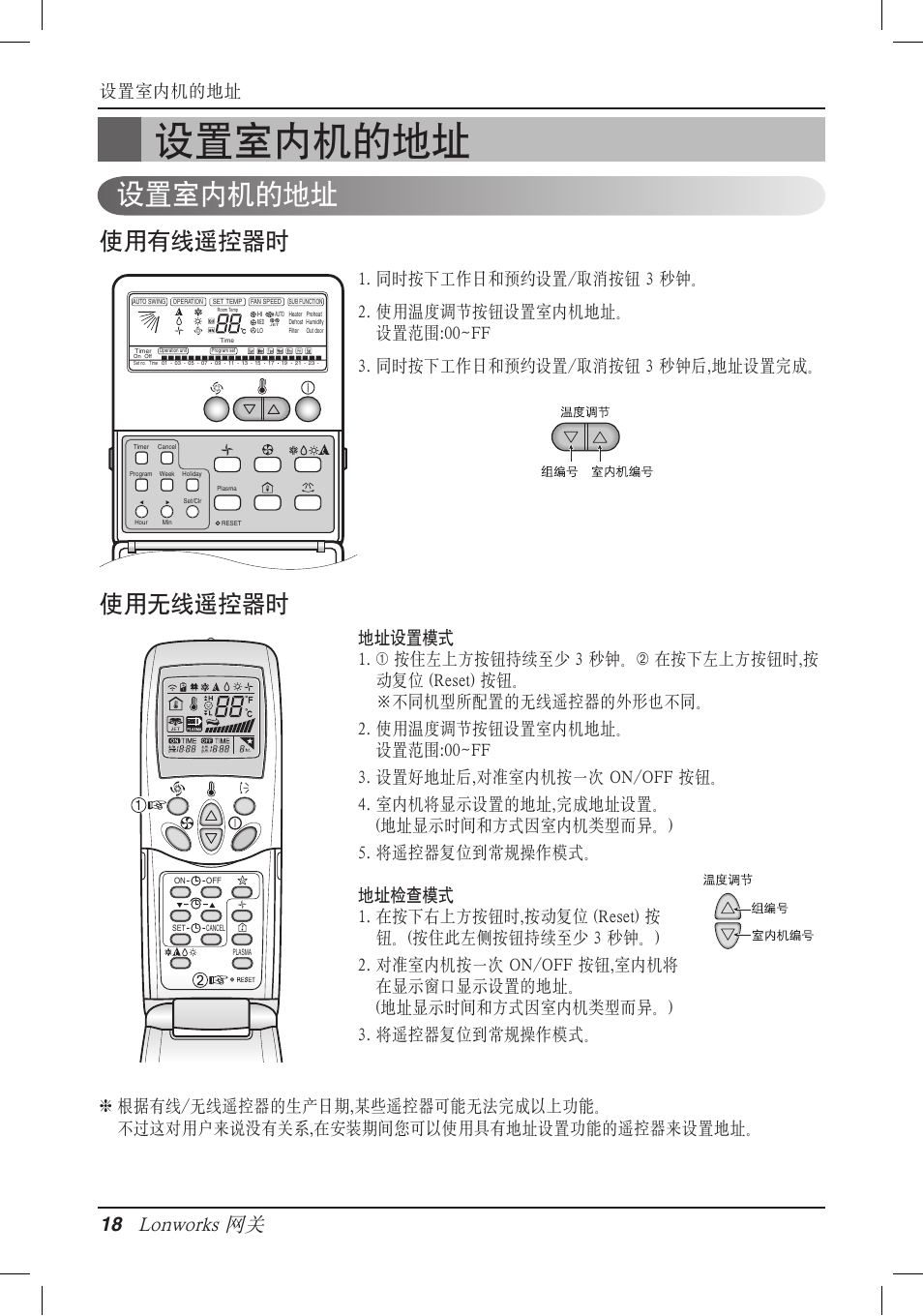 使用有线遥控器时 使用无线遥控器时, Lonworks 网关, 设置室内机的地址 | LG PQNFB16A1 User Manual | Page 159 / 169