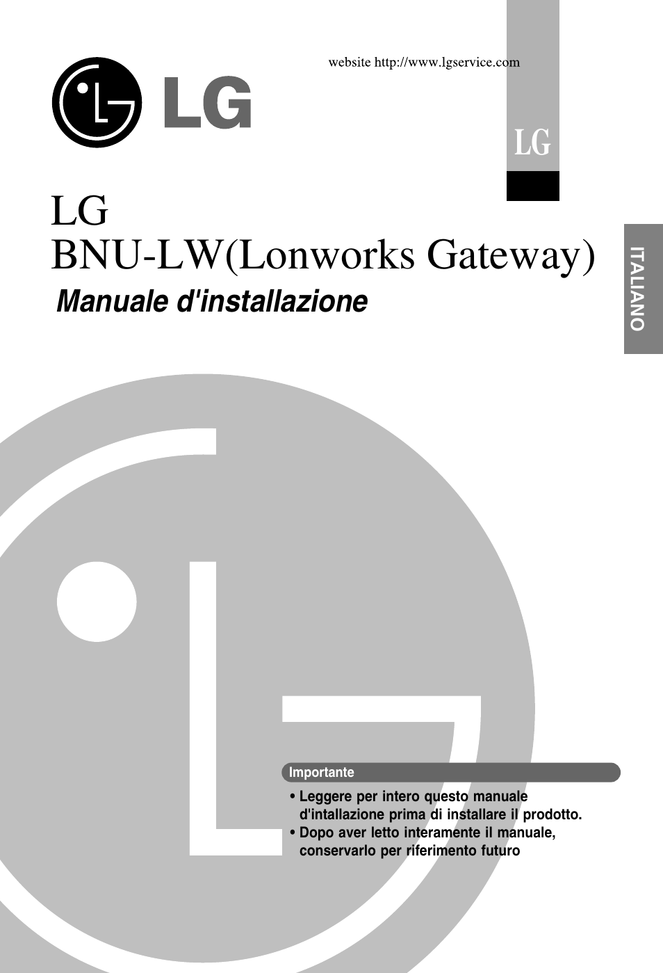 Lg bnu-lw(lonworks gateway), Manuale d'installazione | LG PQNFB16A1 User Manual | Page 29 / 169