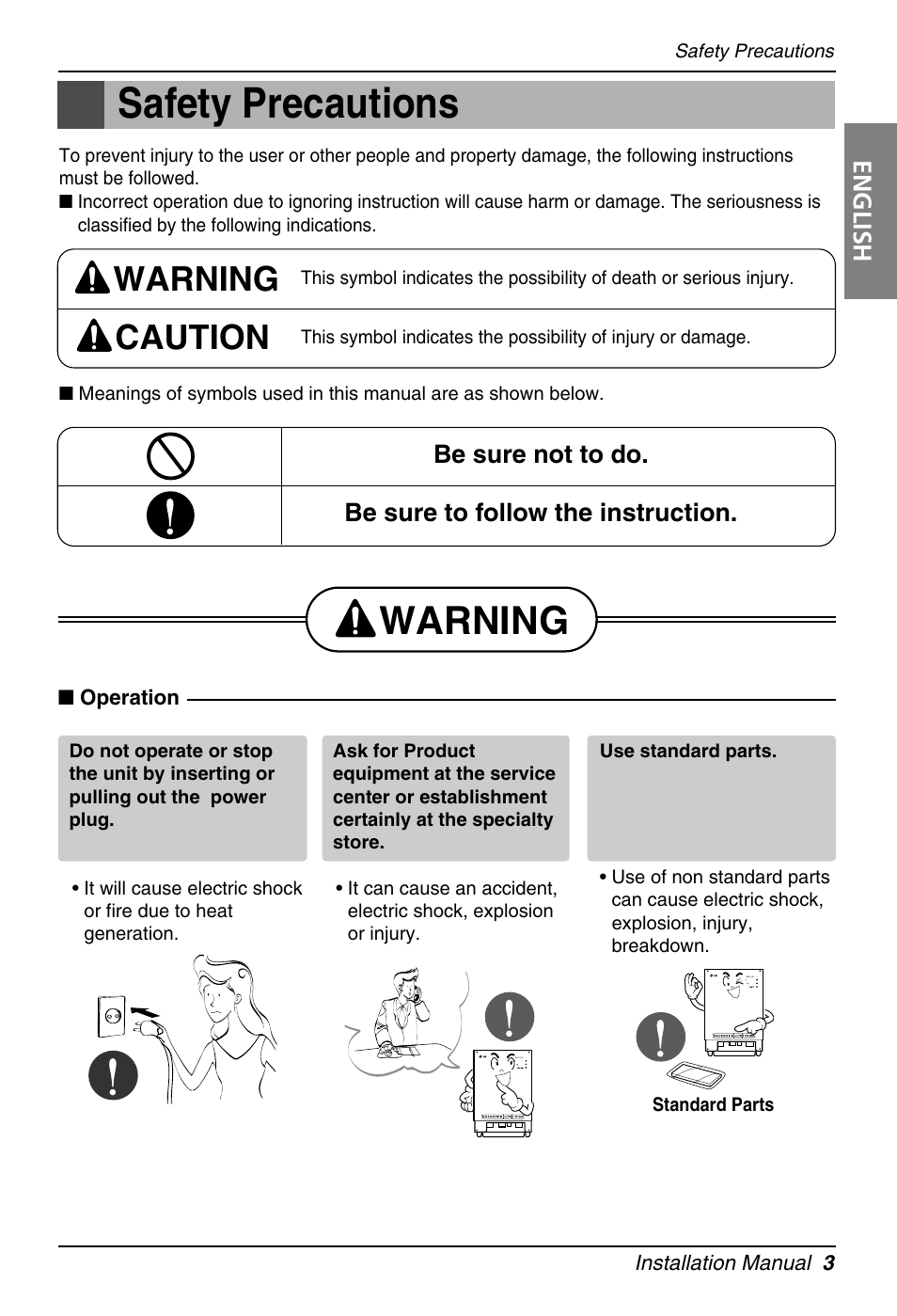 Safety precautions, Warning, Warning caution | English | LG PQNFB16A1 User Manual | Page 3 / 169