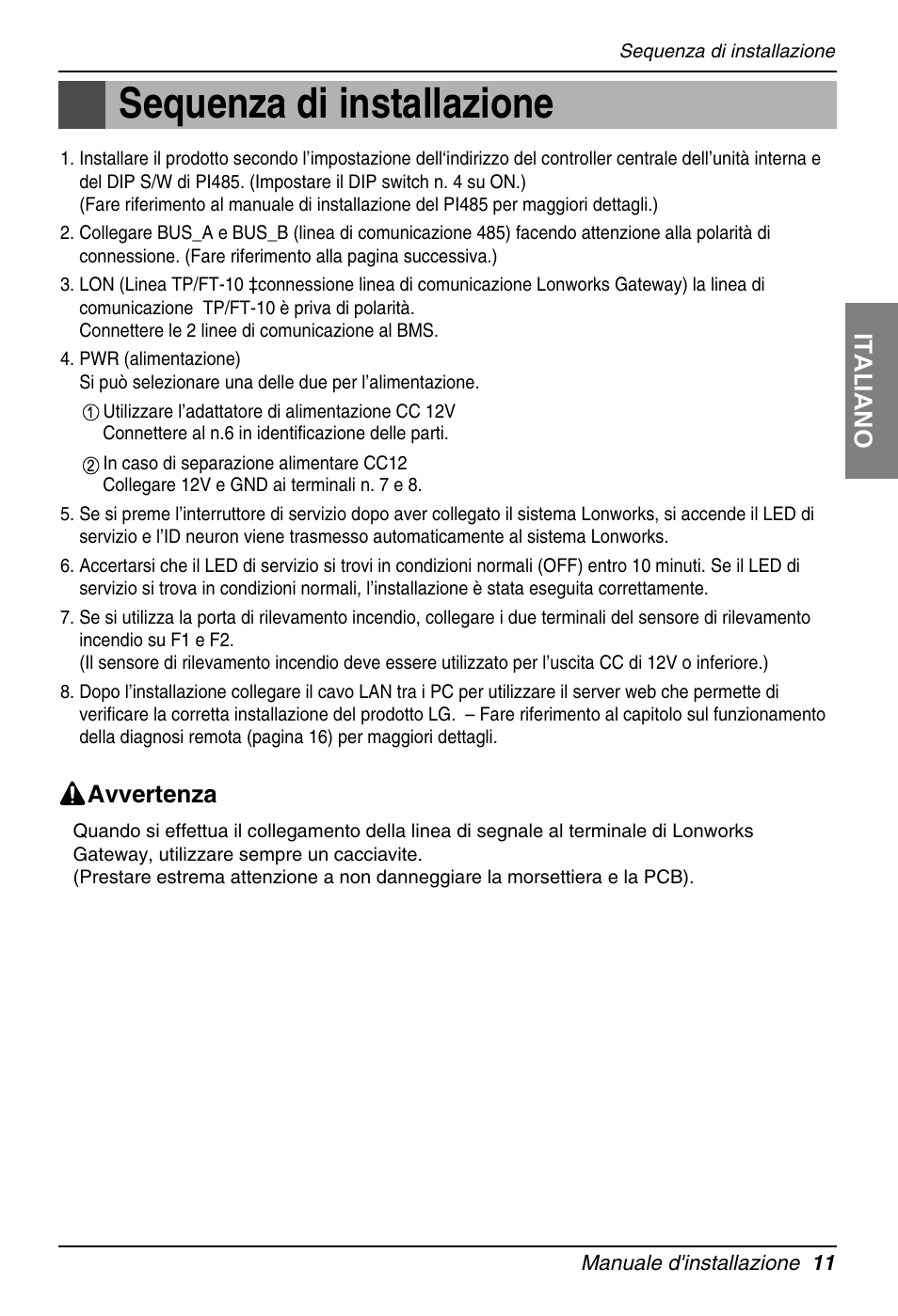 Sequenza di installazione, Italiano, Avvertenza | LG PQNFB16A1 User Manual | Page 39 / 169