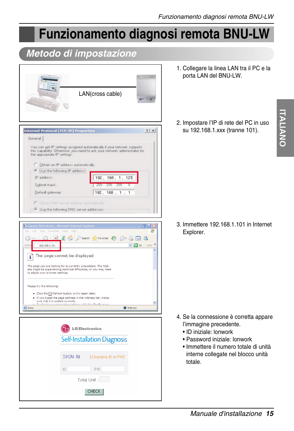 Funzionamento diagnosi remota bnu-lw, Metodo di impostazione | LG PQNFB16A1 User Manual | Page 43 / 169