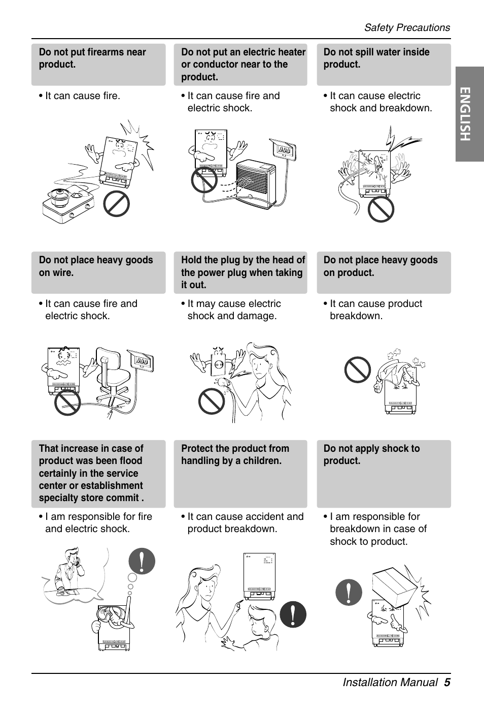 English, Installation manual 5, Safety precautions | LG PQNFB16A1 User Manual | Page 5 / 169