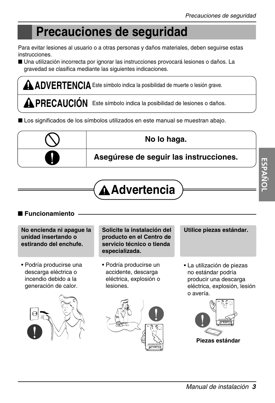 Precauciones de seguridad, Advertencia, Advertencia precaución | Español, No lo haga. asegúrese de seguir las instrucciones | LG PQNFB16A1 User Manual | Page 59 / 169