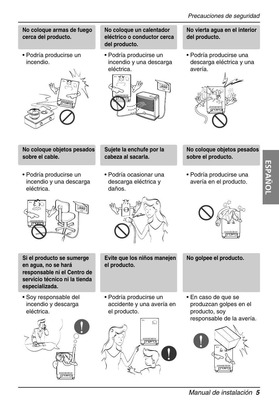 Español, Manual de instalación 5, Precauciones de seguridad | LG PQNFB16A1 User Manual | Page 61 / 169