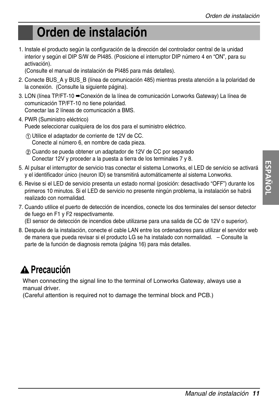 Orden de instalación, Precaución, Español | LG PQNFB16A1 User Manual | Page 67 / 169