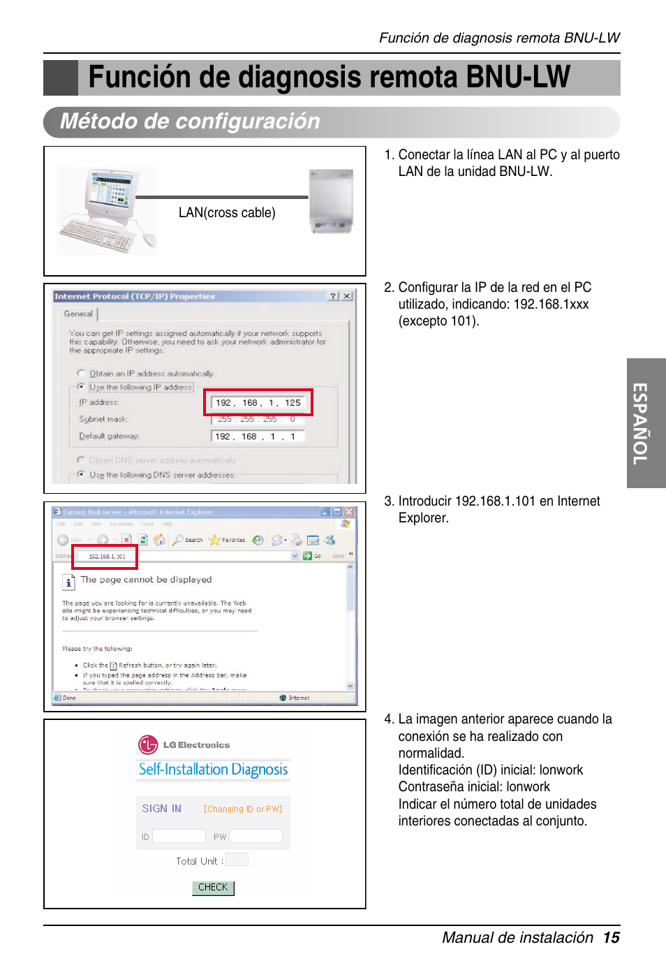 Función de diagnosis remota bnu-lw, Método de configuración | LG PQNFB16A1 User Manual | Page 71 / 169