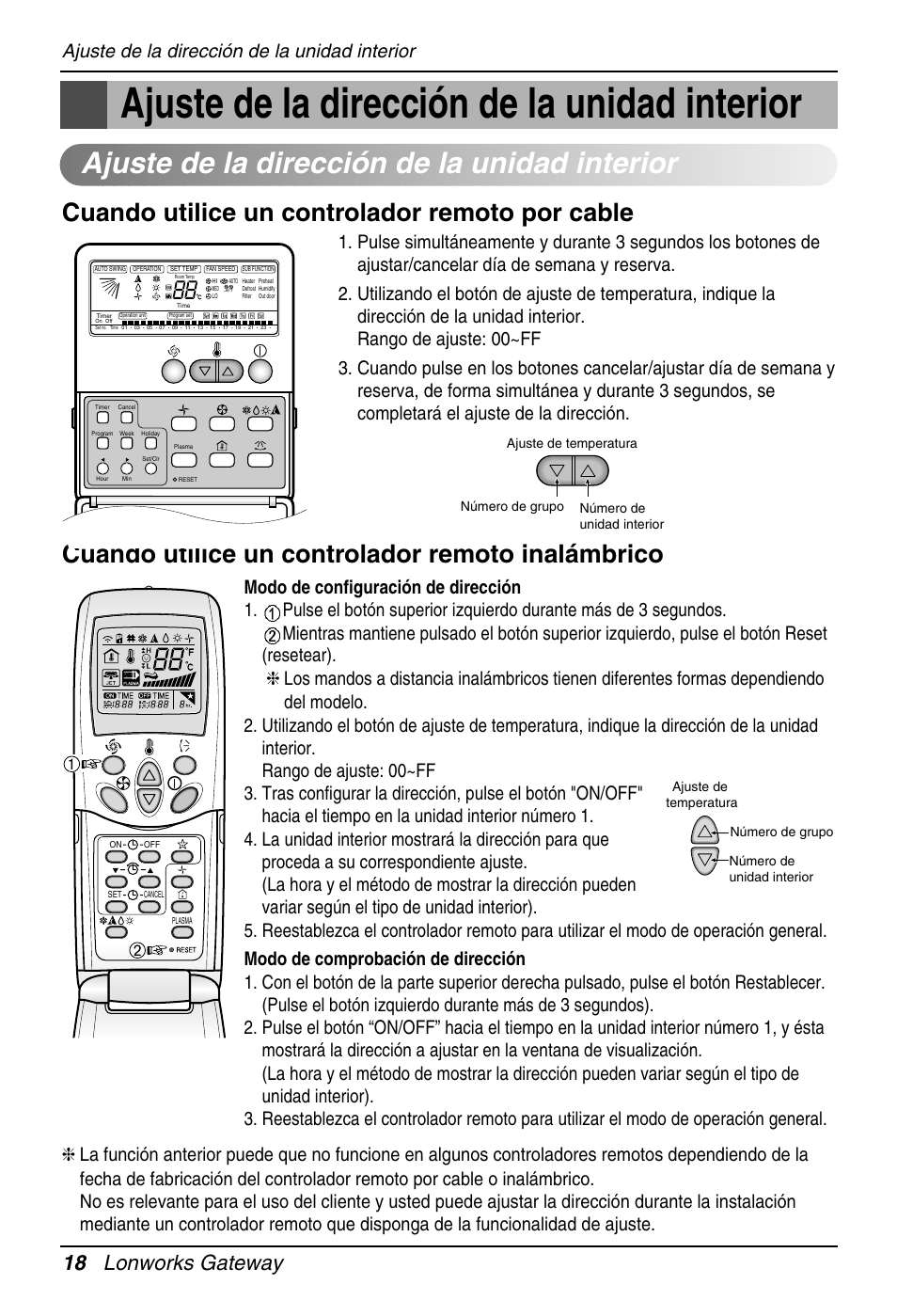 18 lonworks gateway, Ajuste de la dirección de la unidad interior | LG PQNFB16A1 User Manual | Page 74 / 169