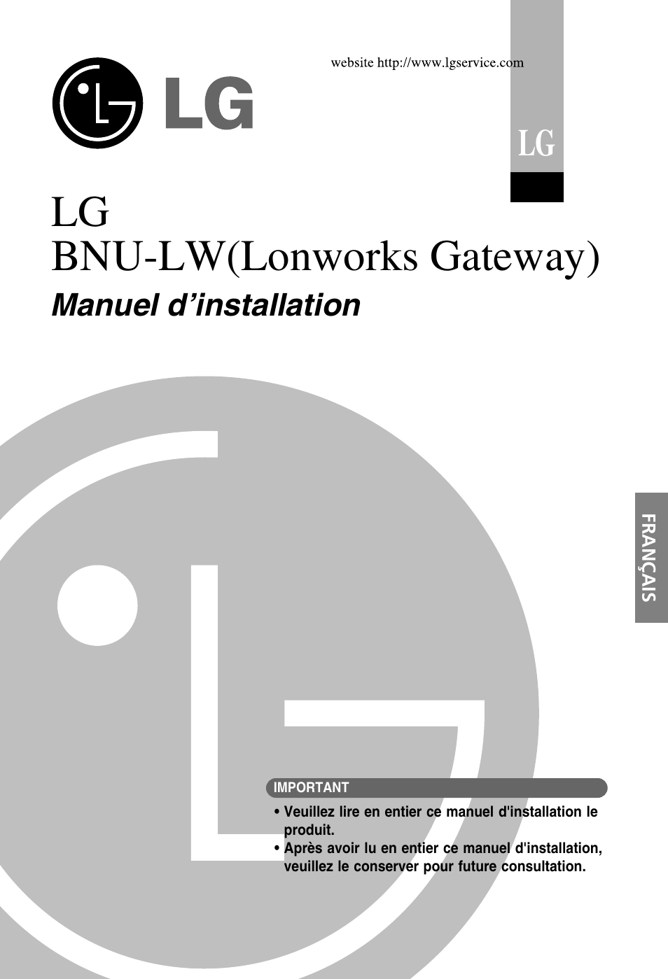 Lg bnu-lw(lonworks gateway), Manuel d’installation | LG PQNFB16A1 User Manual | Page 85 / 169