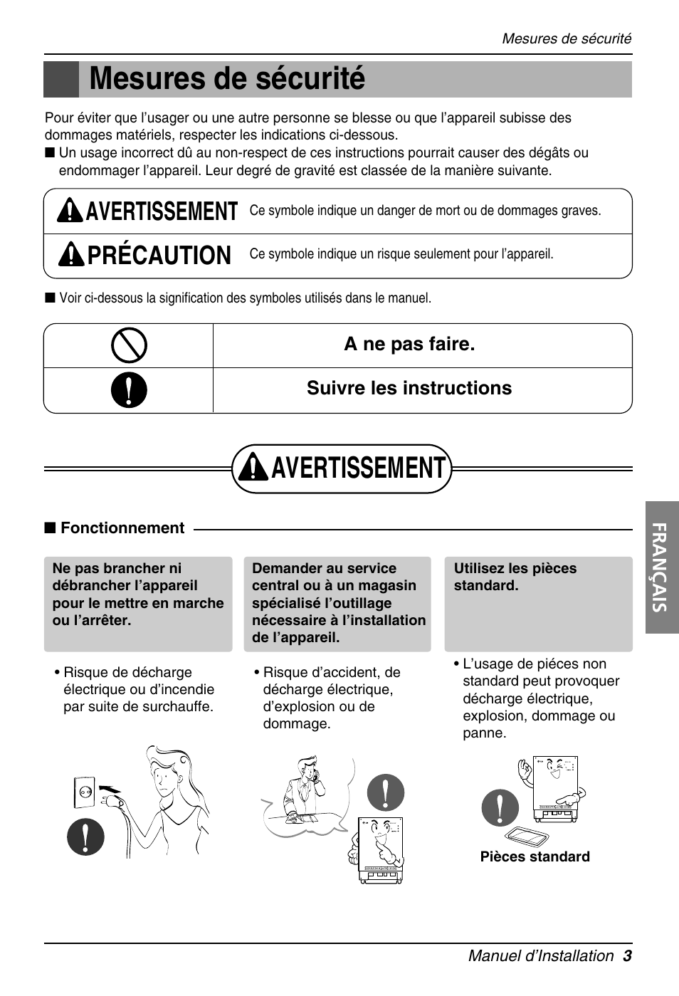 Mesures de sécurité, Avertissement, Avertissement précaution | Français, A ne pas faire. suivre les instructions | LG PQNFB16A1 User Manual | Page 87 / 169