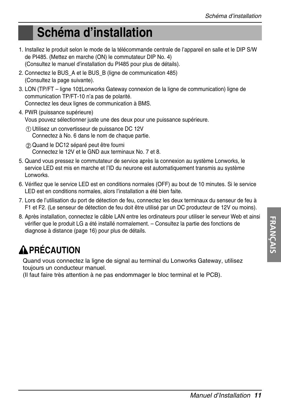 Schéma d’installation, Précaution, Français | LG PQNFB16A1 User Manual | Page 95 / 169