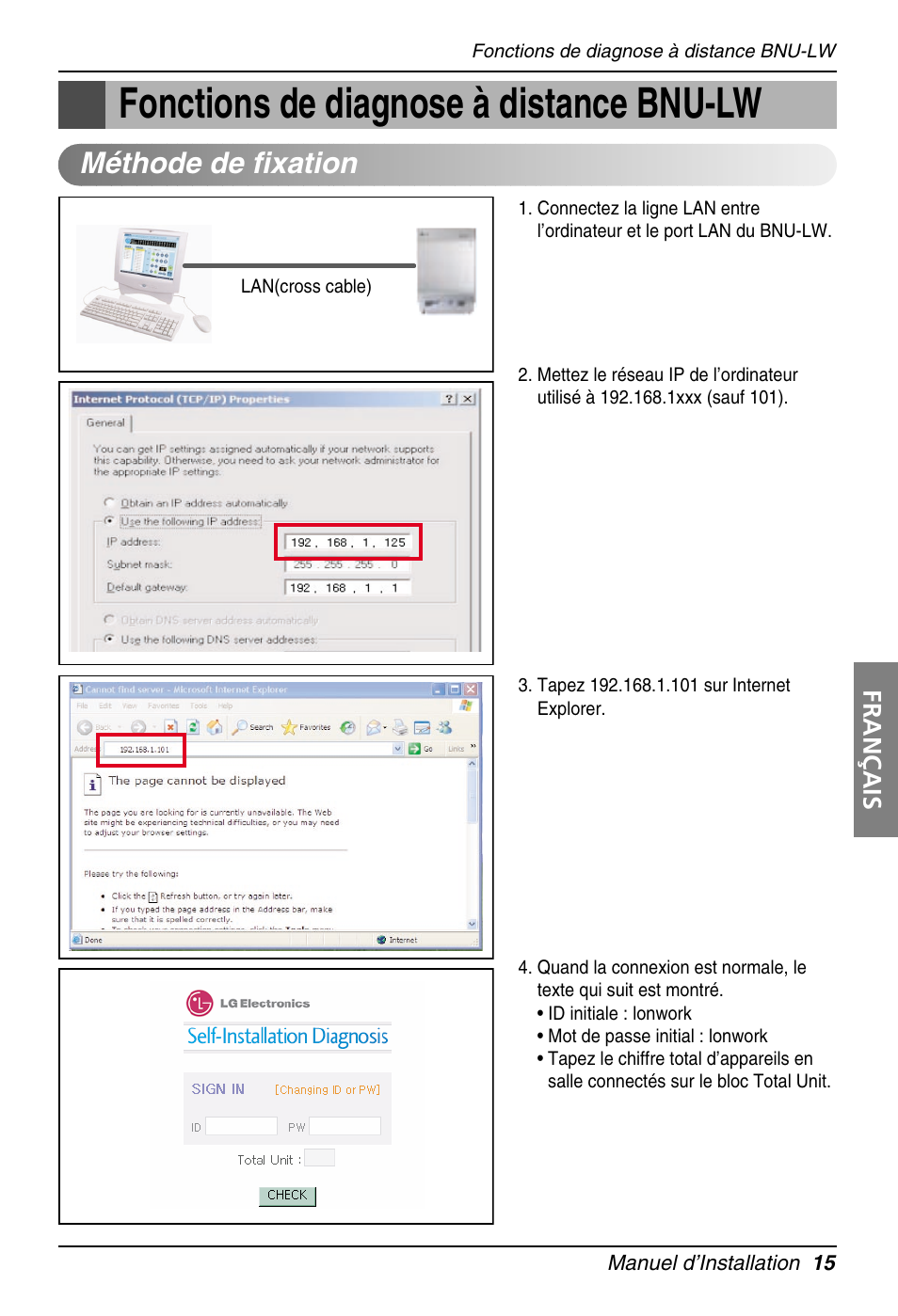 Fonctions de diagnose à distance bnu-lw, Méthode de fixation | LG PQNFB16A1 User Manual | Page 99 / 169