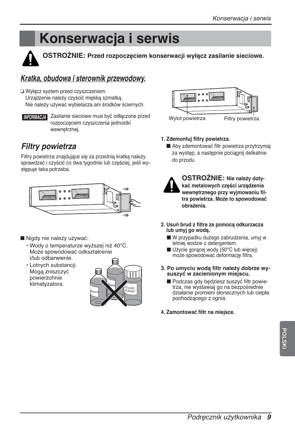 Konserwacja i serwis, Kratka, obudowa i sterownik przewodowy, Filtry powietrza | Podręcznik użytkownika 9, Ostrożnie | LG ARNU96GB8A2 User Manual | Page 105 / 229