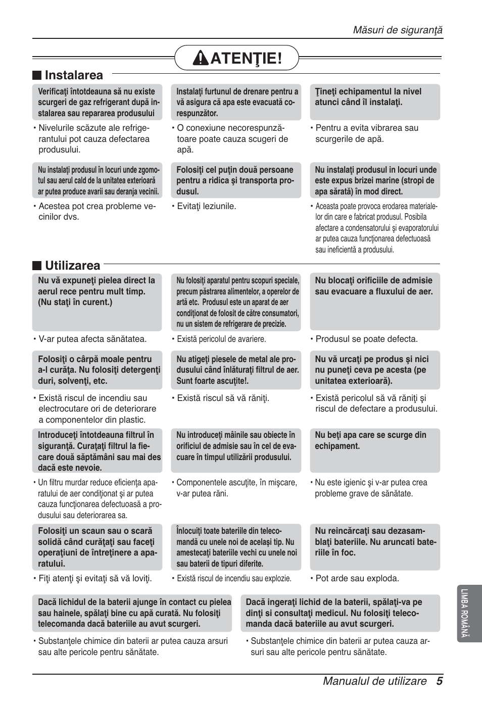 Atenţie, Instalarea, Utilizarea | Manualul de utilizare 5 | LG ARNU96GB8A2 User Manual | Page 113 / 229