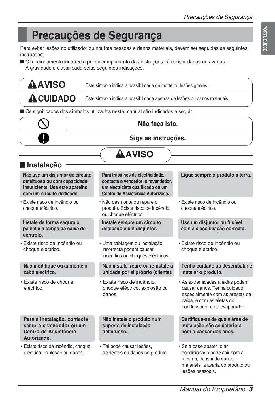 Precauções de segurança, Aviso cuidado, Aviso | N instalação | LG ARNU96GB8A2 User Manual | Page 123 / 229