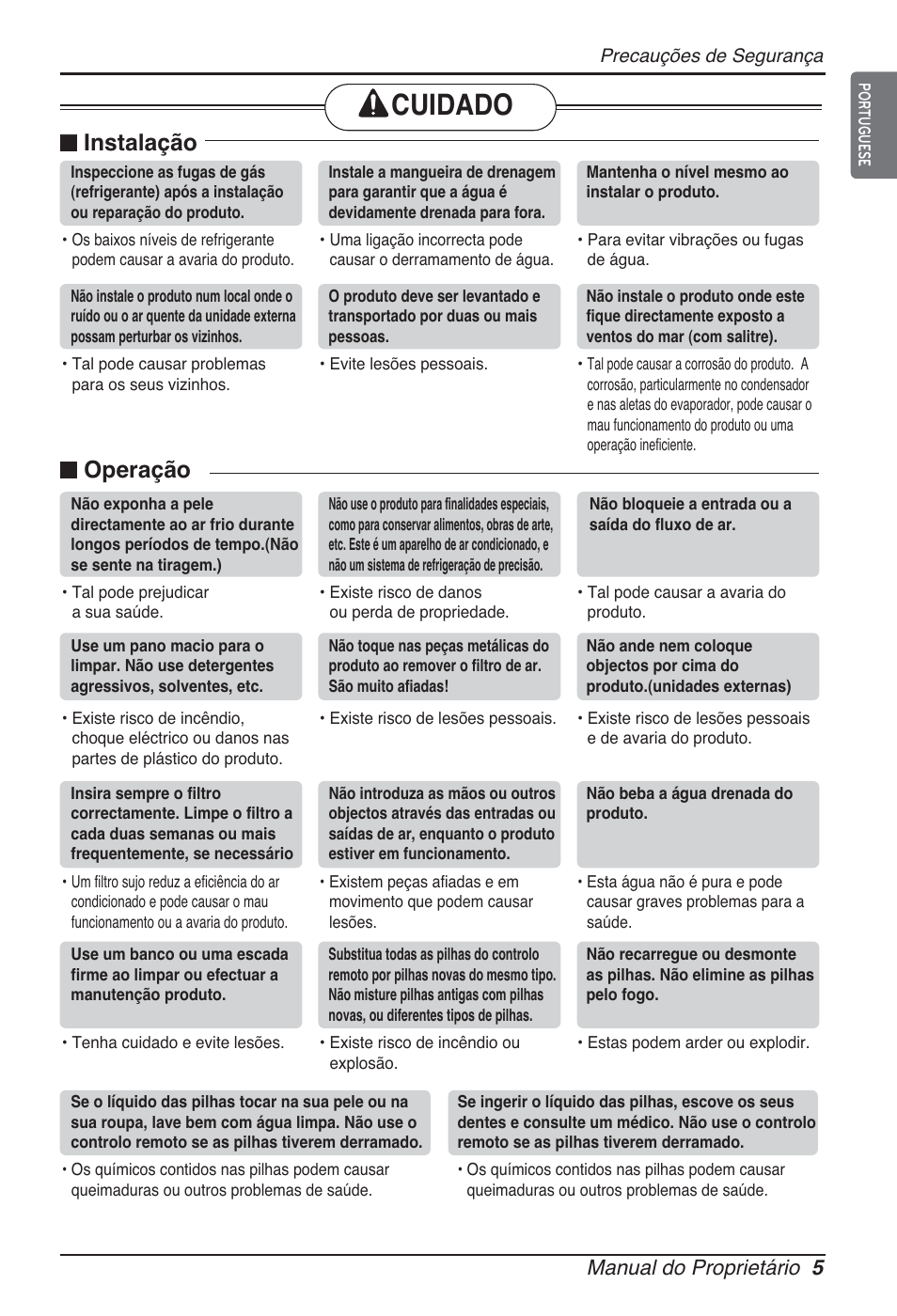 Cuidado, N instalação, N operação | Manual do proprietário 5 | LG ARNU96GB8A2 User Manual | Page 125 / 229