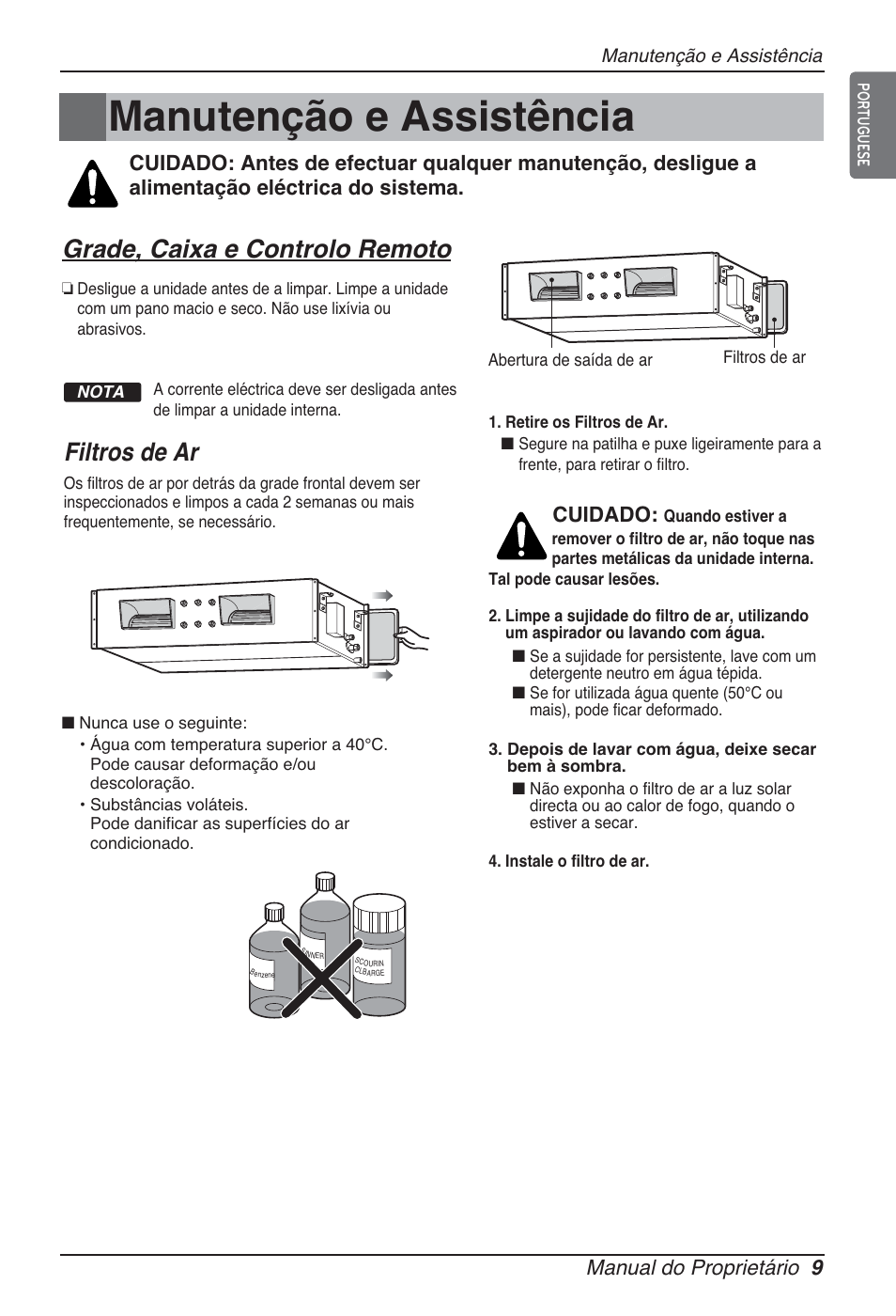 Manutenção e assistência, Grade, caixa e controlo remoto, Filtros de ar | Manual do proprietário 9, Cuidado | LG ARNU96GB8A2 User Manual | Page 129 / 229