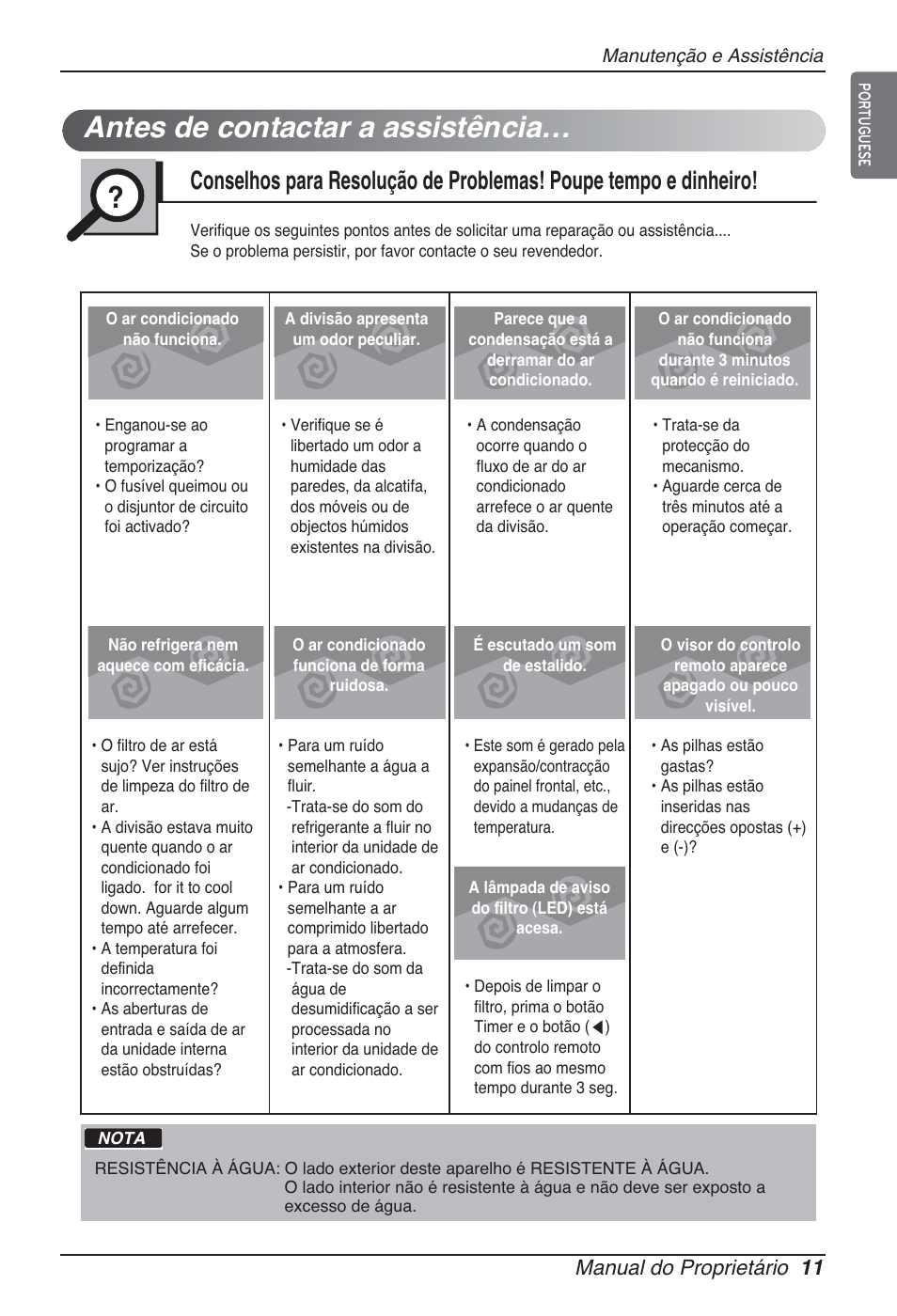 Antes de contactar a assistência, Manual do proprietário 11 | LG ARNU96GB8A2 User Manual | Page 131 / 229