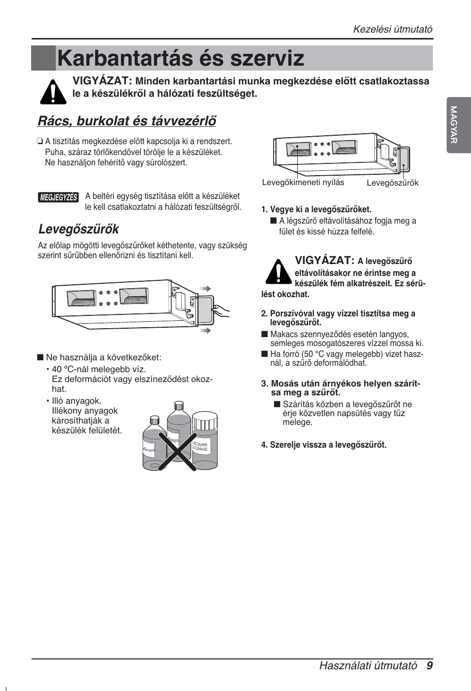 Karbantartás és szerviz, Rács, burkolat és távvezérlő, Levegőszűrők | Használati útmutató 9, Vigyázat | LG ARNU96GB8A2 User Manual | Page 141 / 229