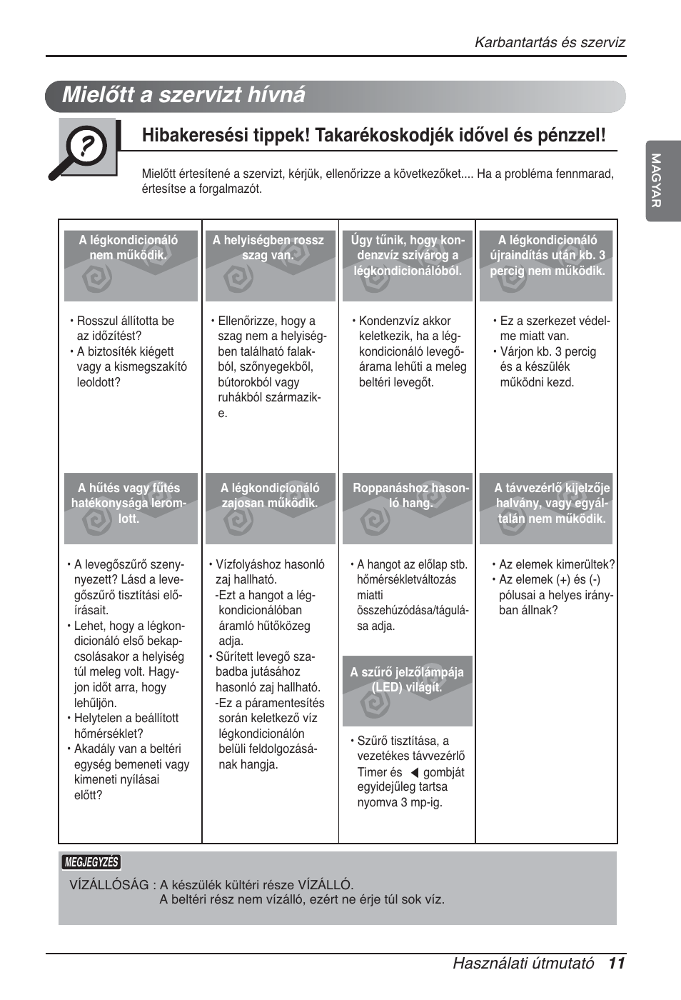 Mielőtt a szervizt hívná, Használati útmutató 11 | LG ARNU96GB8A2 User Manual | Page 143 / 229