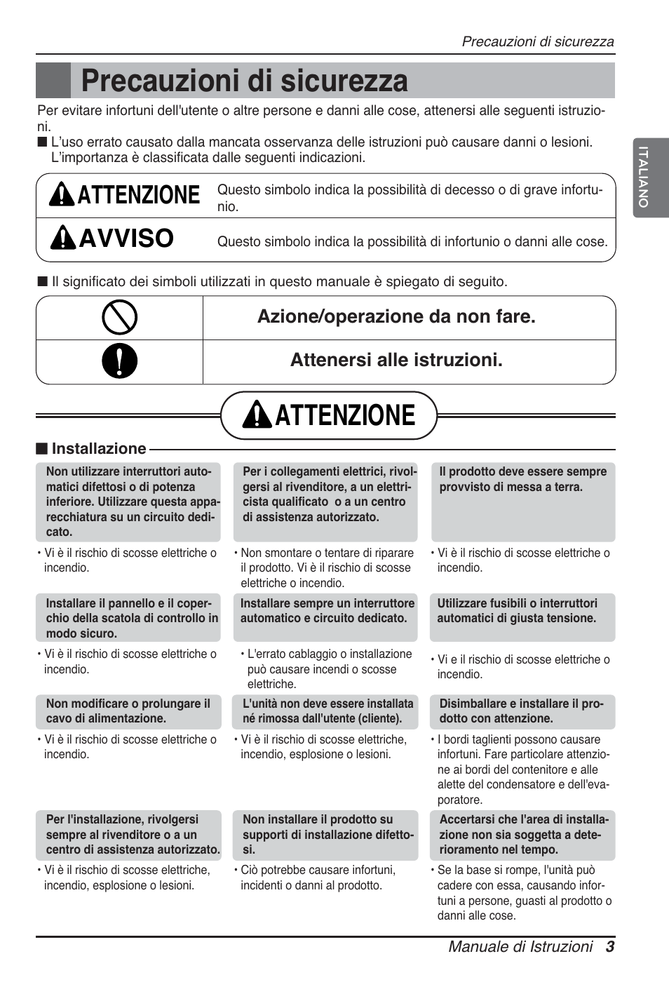 Precauzioni di sicurezza, Attenzione, Attenzione avviso | LG ARNU96GB8A2 User Manual | Page 15 / 229