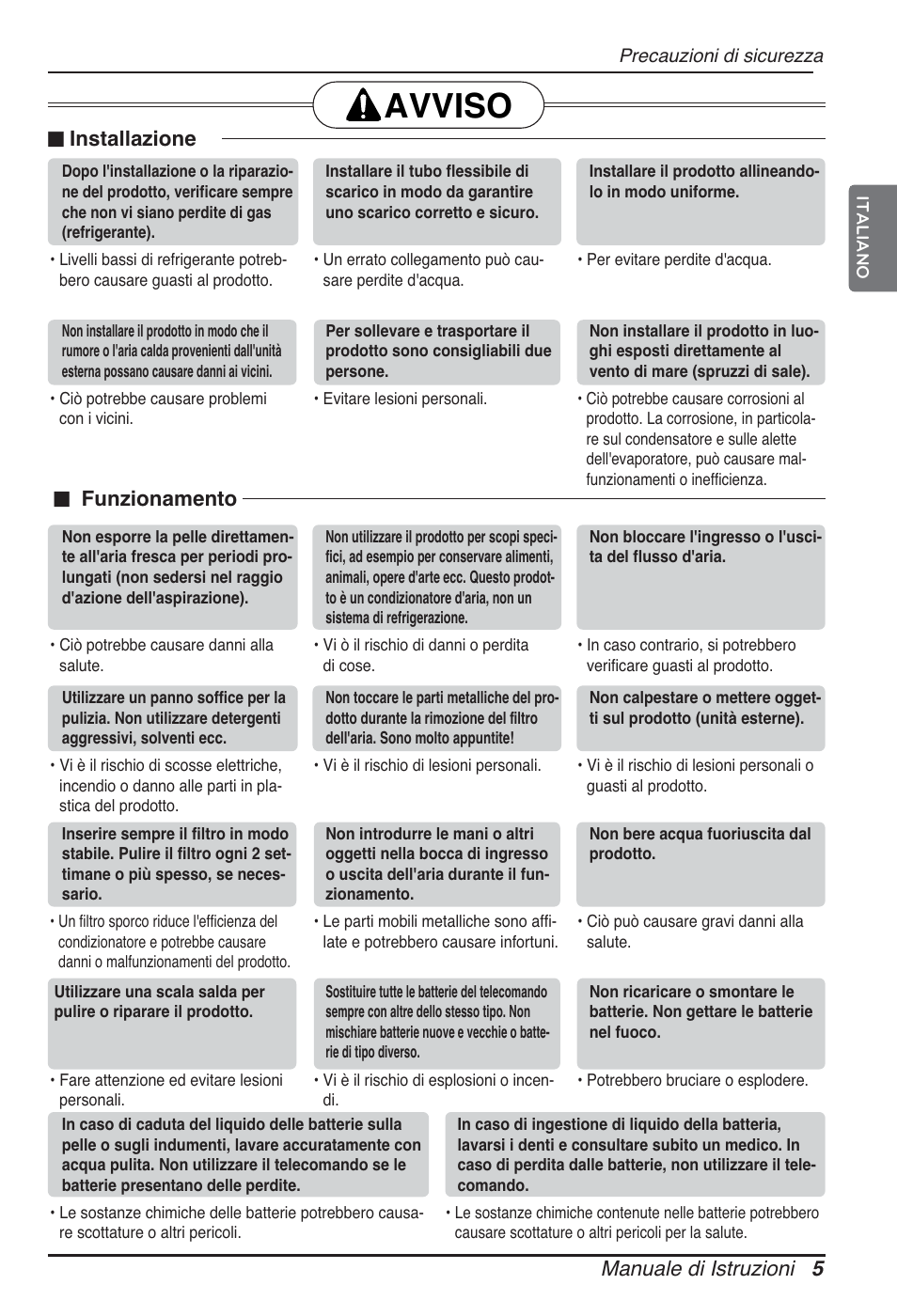 Avviso, Manuale di istruzioni 5, Installazione | Funzionamento | LG ARNU96GB8A2 User Manual | Page 17 / 229