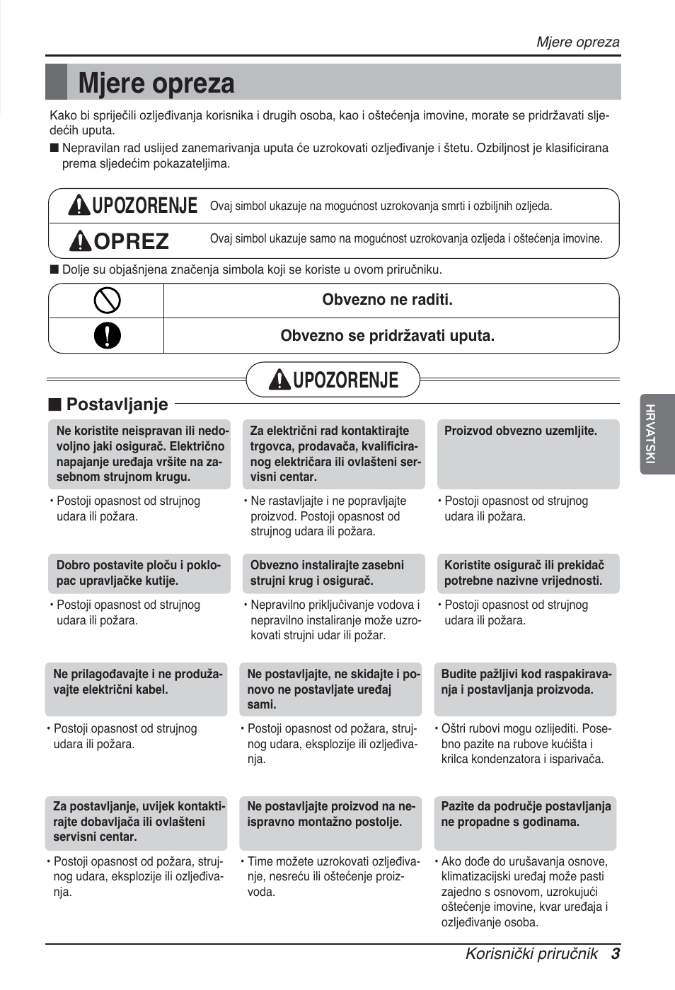 Mjere opreza, Upozorenje oprez, Upozorenje | N postavljanje | LG ARNU96GB8A2 User Manual | Page 171 / 229