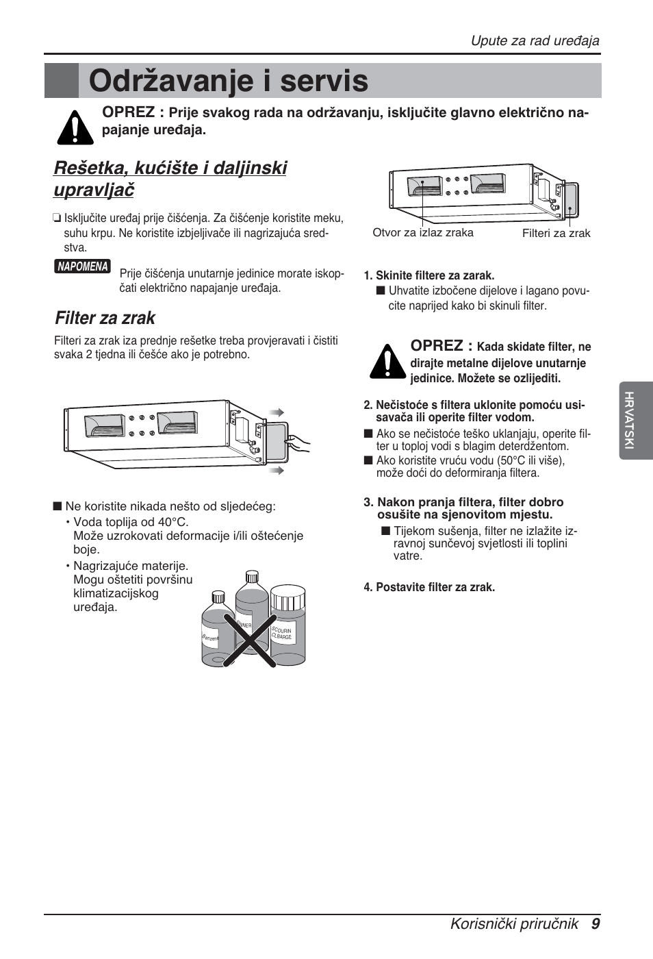 Održavanje i servis, Rešetka, kućište i daljinski upravljač, Filter za zrak | Korisnički priručnik 9, Oprez | LG ARNU96GB8A2 User Manual | Page 177 / 229