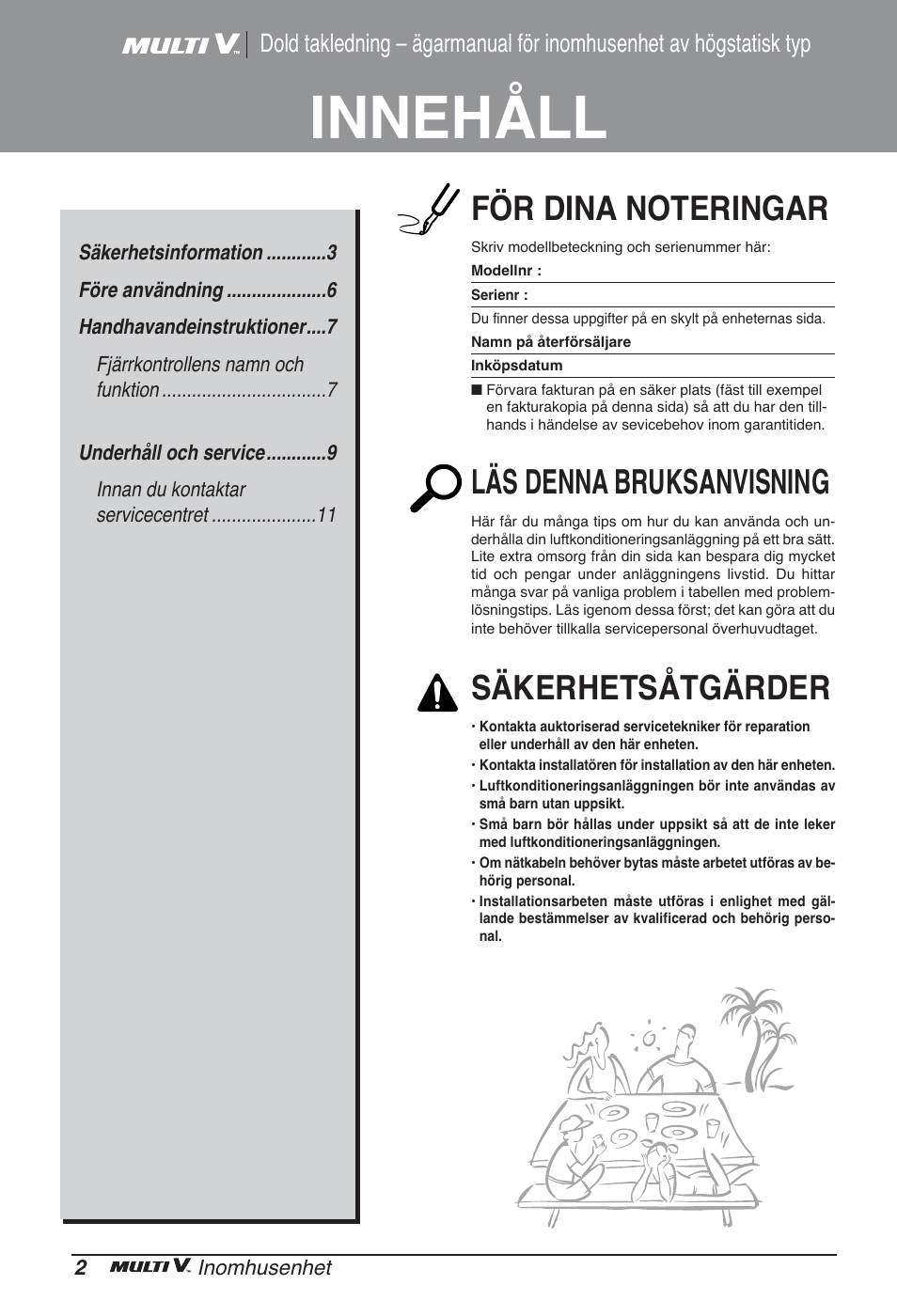 Innehåll, Läs denna bruksanvisning, Säkerhetsåtgärder | LG ARNU96GB8A2 User Manual | Page 182 / 229