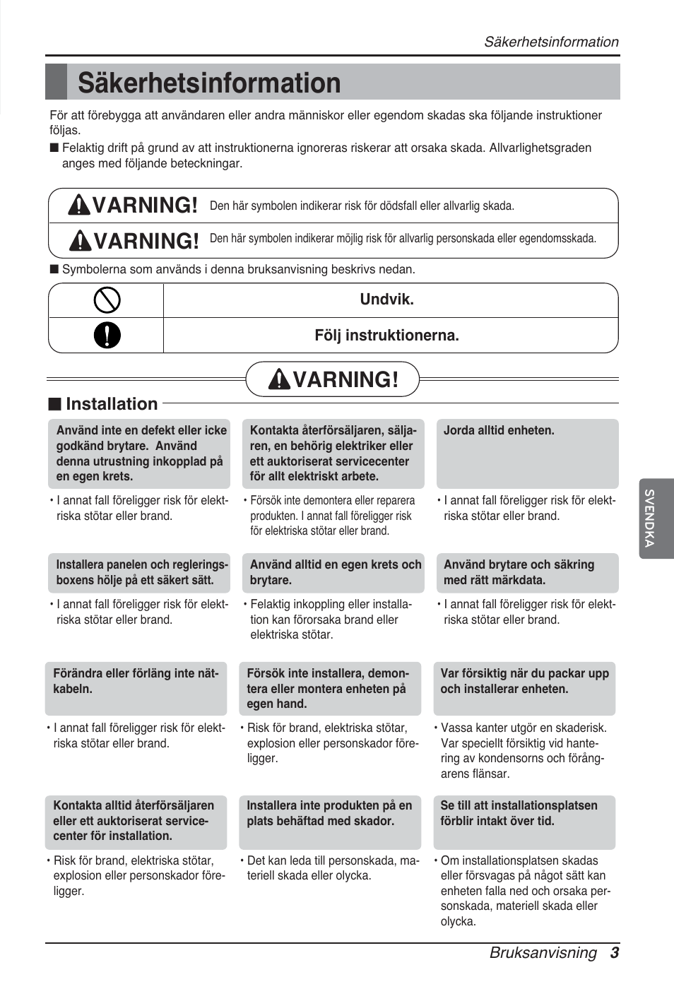 Säkerhetsinformation, Varning, N installation | LG ARNU96GB8A2 User Manual | Page 183 / 229