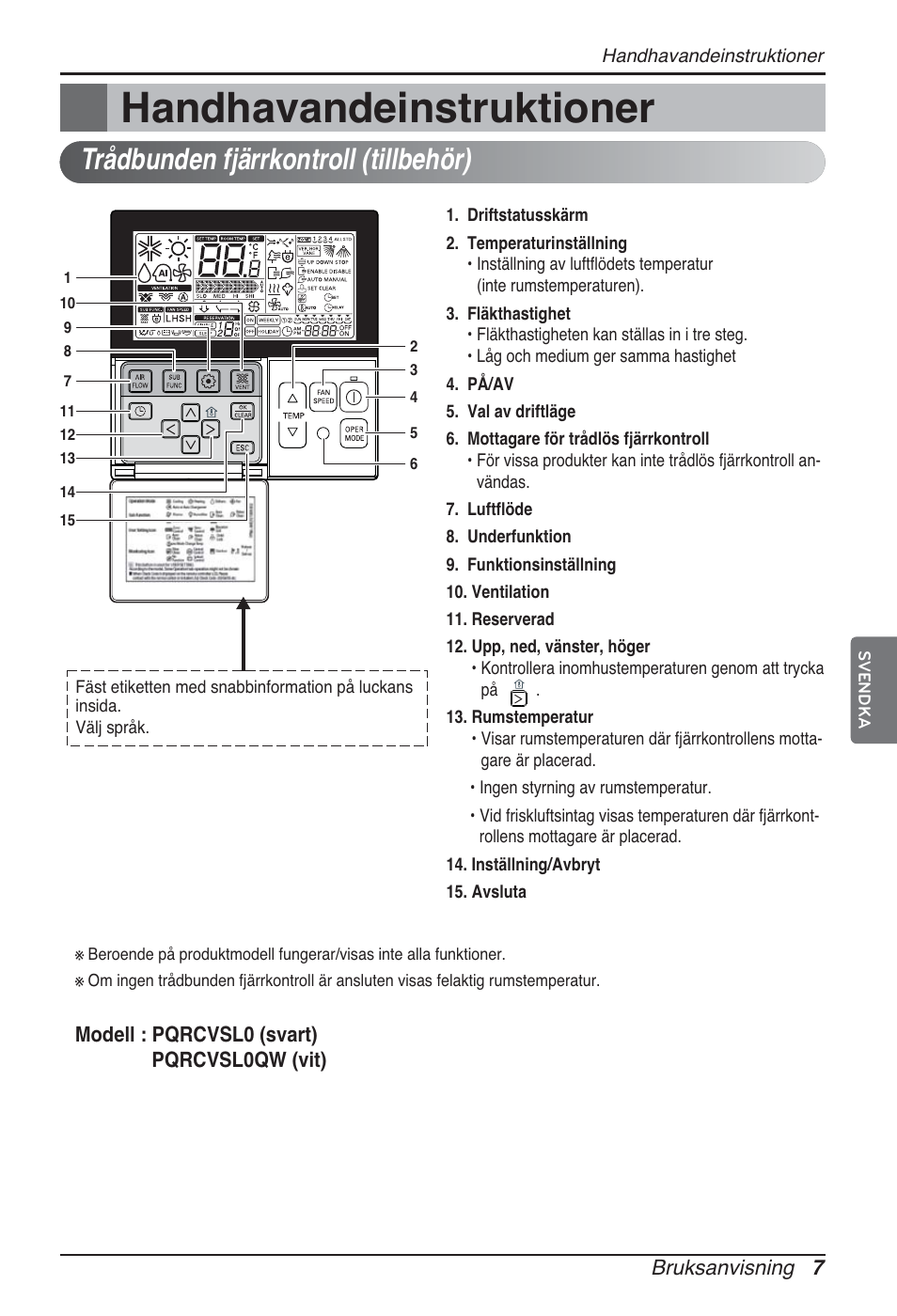 Handhavandeinstruktioner, Trådbunden fjärrkontroll (tillbehör) | LG ARNU96GB8A2 User Manual | Page 187 / 229