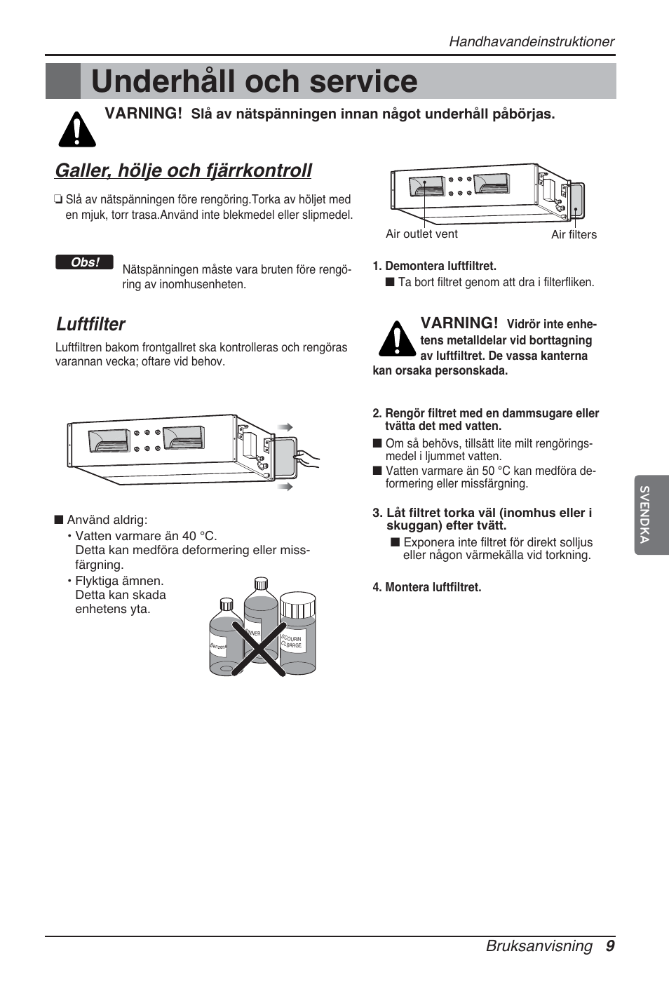 Underhåll och service, Galler, hölje och fjärrkontroll, Luftfilter | Bruksanvisning 9, Varning | LG ARNU96GB8A2 User Manual | Page 189 / 229