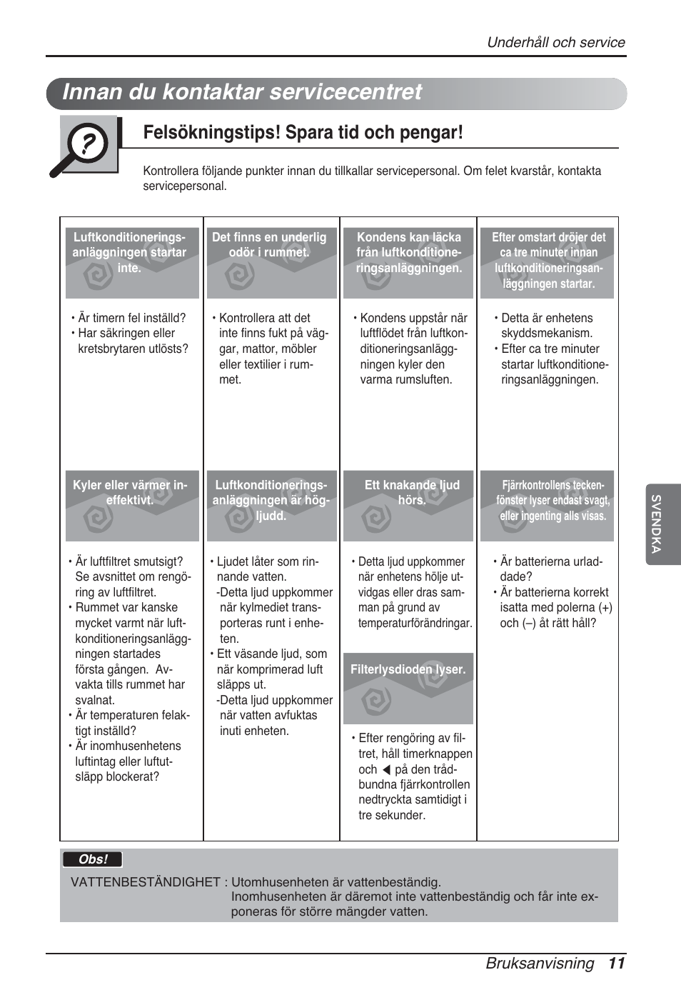 Innan du kontaktar servicecentret, Felsökningstips! spara tid och pengar, Bruksanvisning 11 | LG ARNU96GB8A2 User Manual | Page 191 / 229