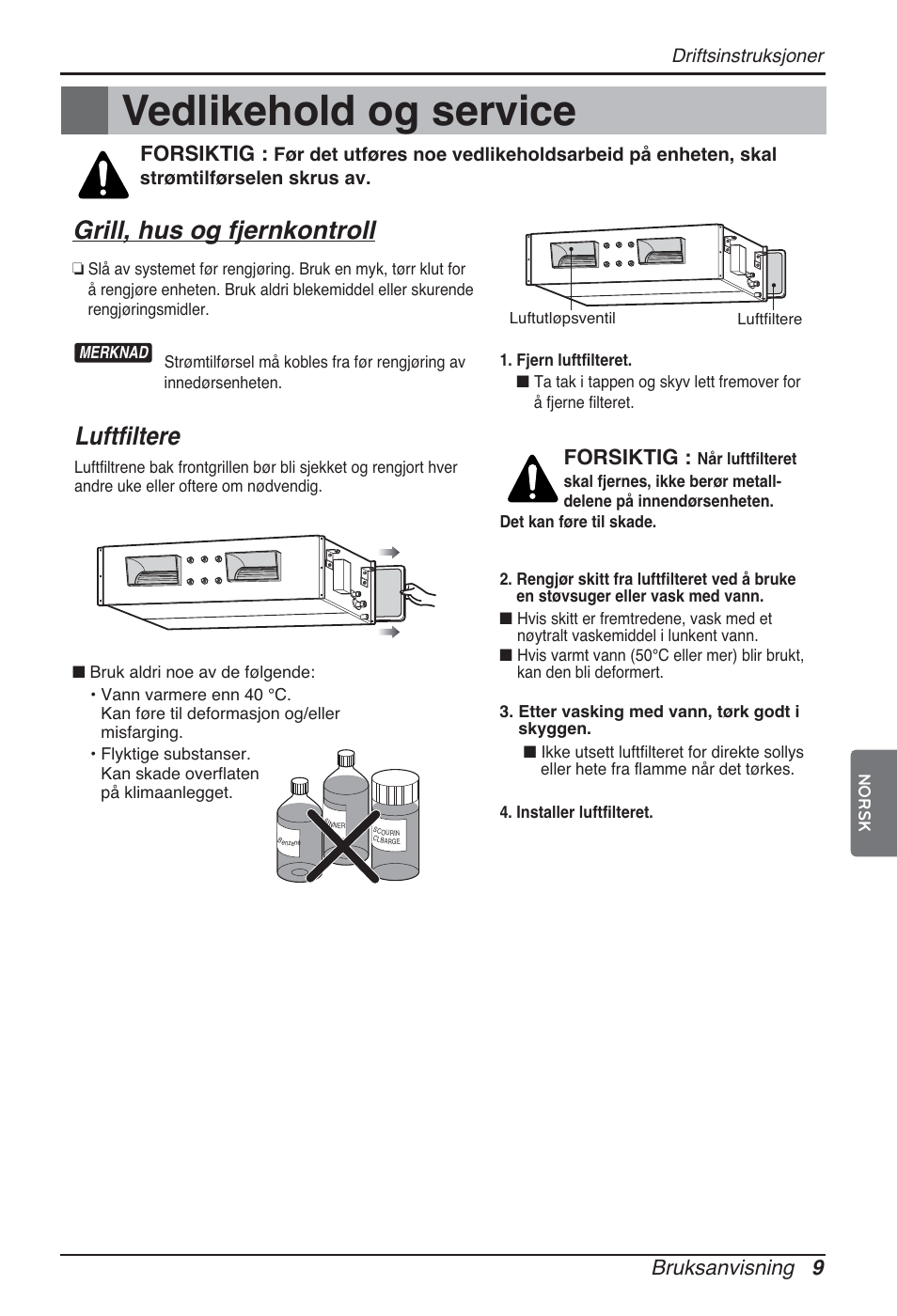 Vedlikehold og service, Grill, hus og fjernkontroll, Luftfiltere | Bruksanvisning 9, Forsiktig | LG ARNU96GB8A2 User Manual | Page 201 / 229