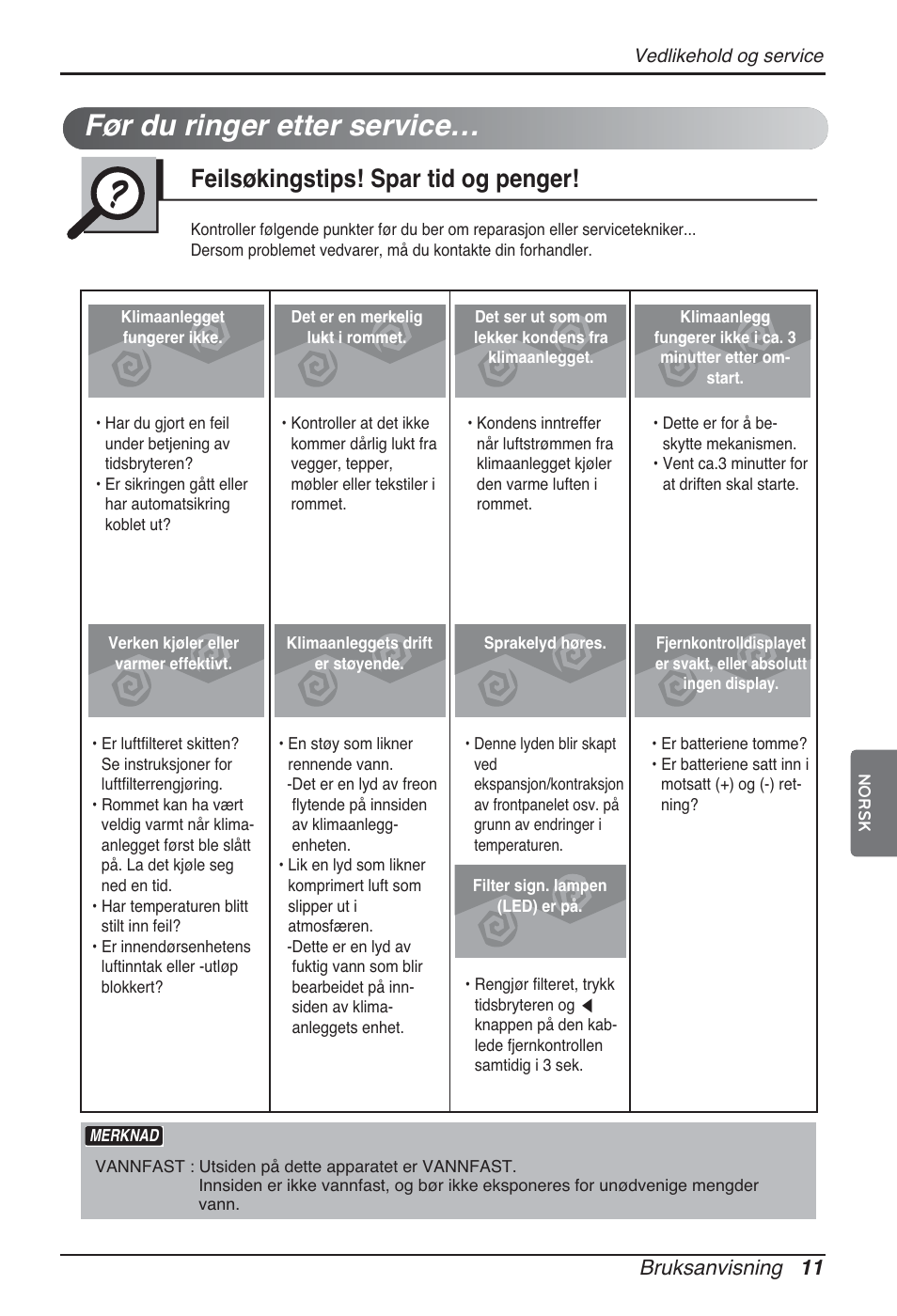 Før du ringer etter service, Feilsøkingstips! spar tid og penger, Bruksanvisning 11 | LG ARNU96GB8A2 User Manual | Page 203 / 229