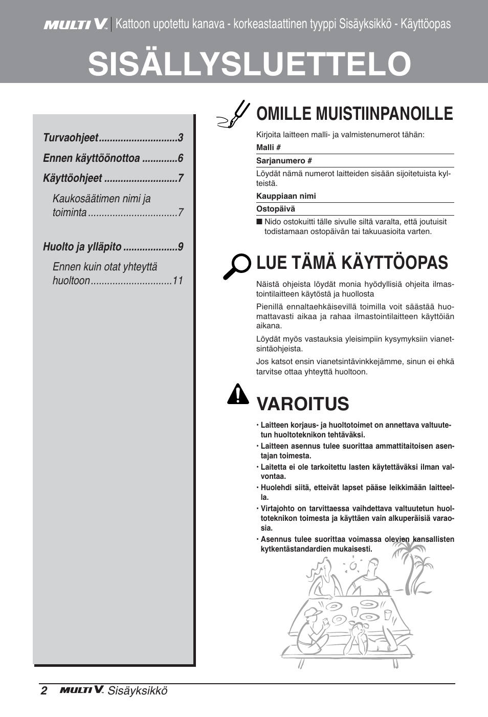 Sisällysluettelo, Omille muistiinpanoille, Lue tämä käyttöopas | Varoitus | LG ARNU96GB8A2 User Manual | Page 206 / 229