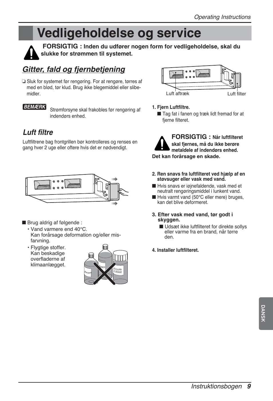 Vedligeholdelse og service, Gitter, fald og fjernbetjening, Luft filtre | Instruktionsbogen 9, Forsigtig | LG ARNU96GB8A2 User Manual | Page 225 / 229