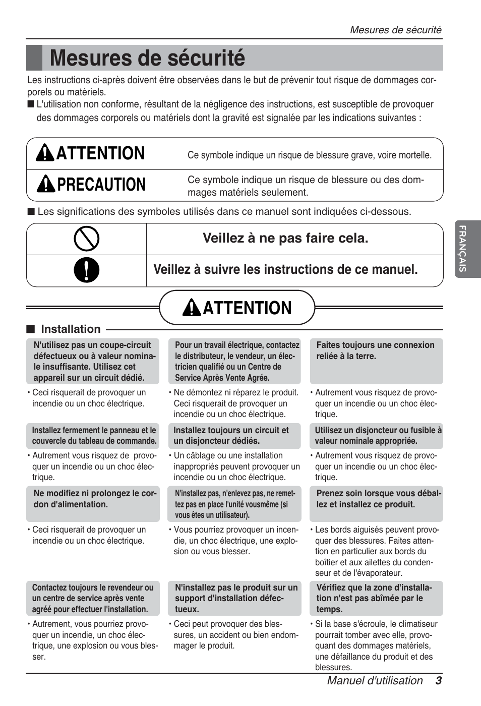 Mesures de sécurité, Attention precaution, Attention | LG ARNU96GB8A2 User Manual | Page 39 / 229