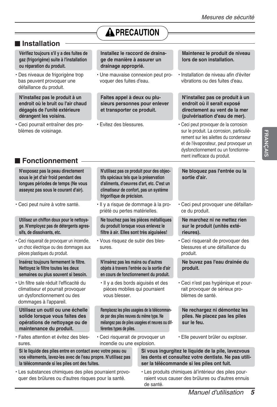 Precaution, Installation, Fonctionnement | Manuel d'utilisation 5 | LG ARNU96GB8A2 User Manual | Page 41 / 229