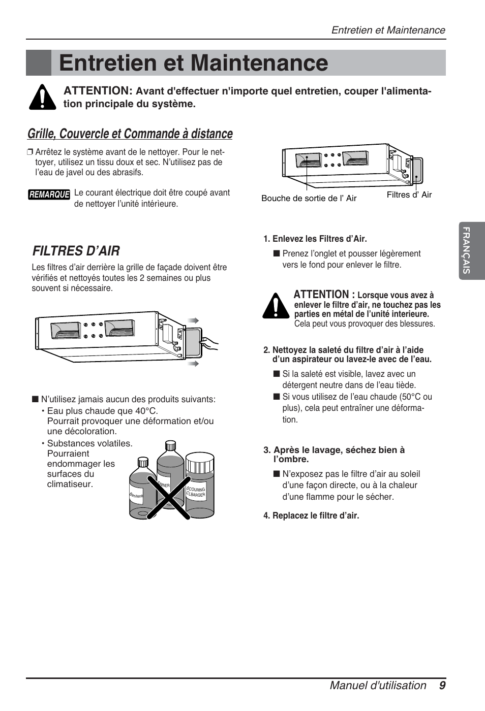 Entretien et maintenance, Filtres d’air, Grille, couvercle et commande à distance | Manuel d'utilisation 9, Attention | LG ARNU96GB8A2 User Manual | Page 45 / 229